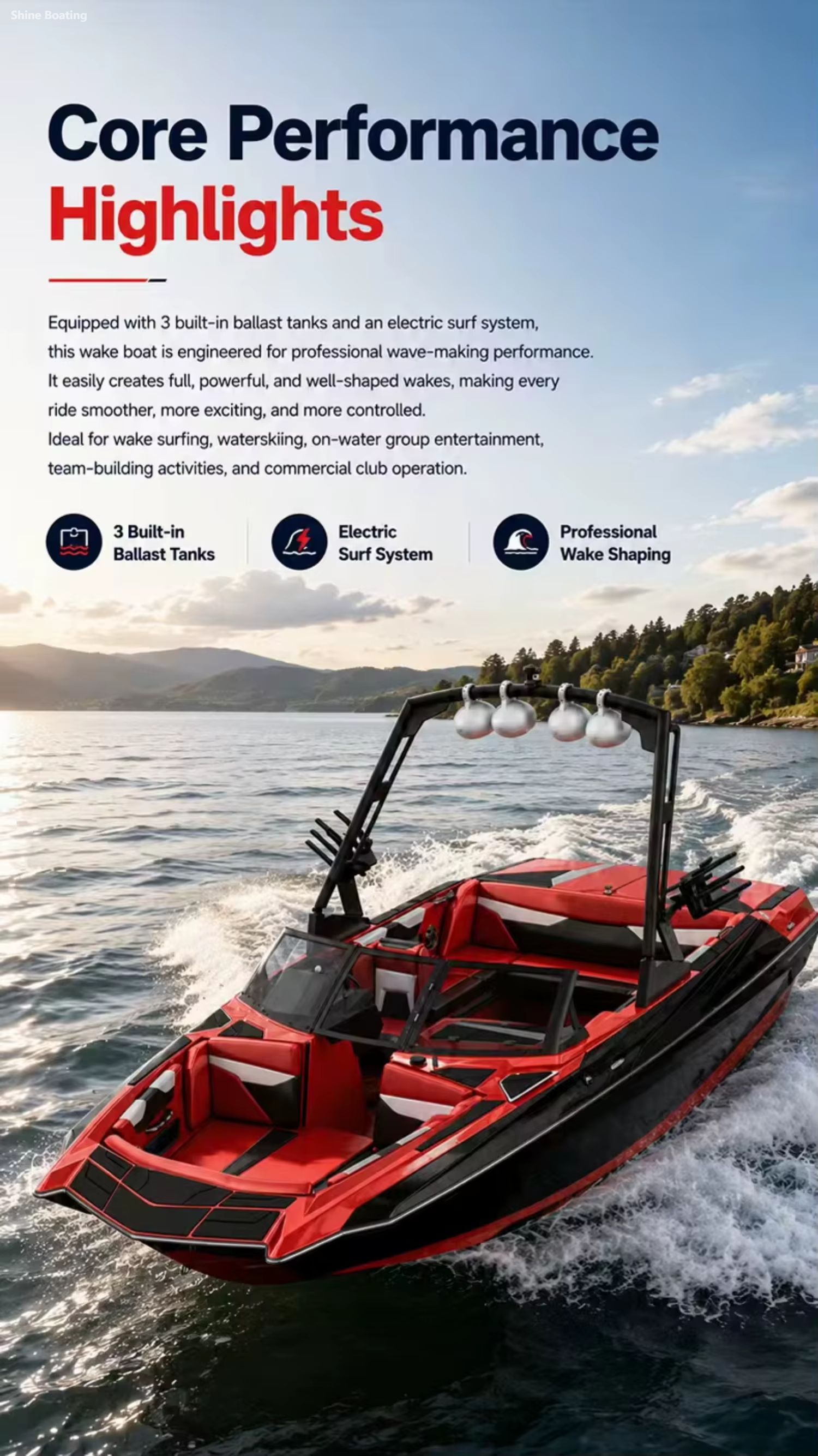 Wakesurf Boat Core Performance Highlights Red wake boat cruising on lake generating surf wave, equipped with 3 built-in ballast tanks and electric surf shaping system, professional wake making for wakesurfing, water skiing and commercial club use