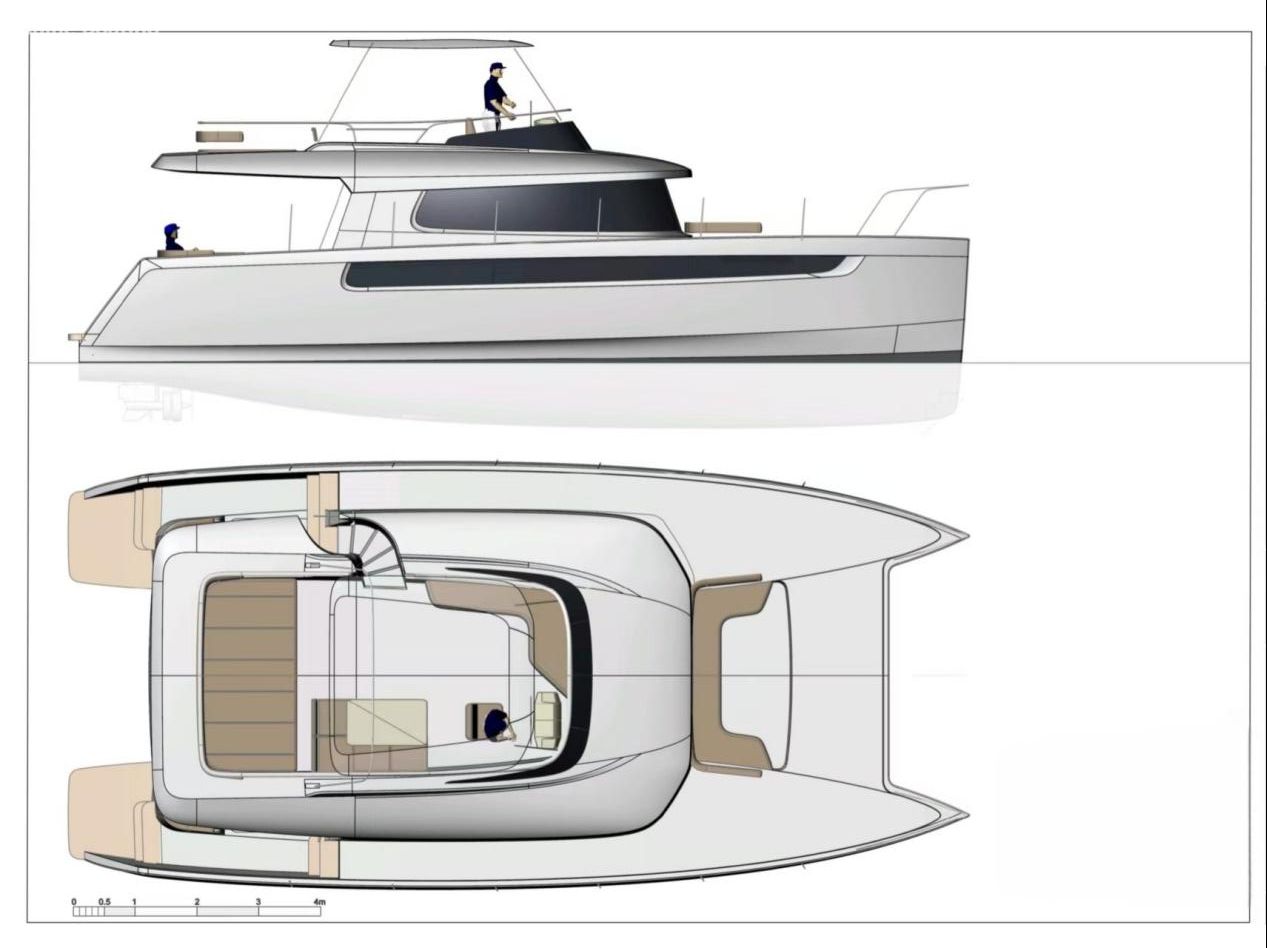 47ft Sailing Catamaran Top & Side Technical Drawing Technical blueprint of 47ft sailing catamaran, top view and hull side elevation