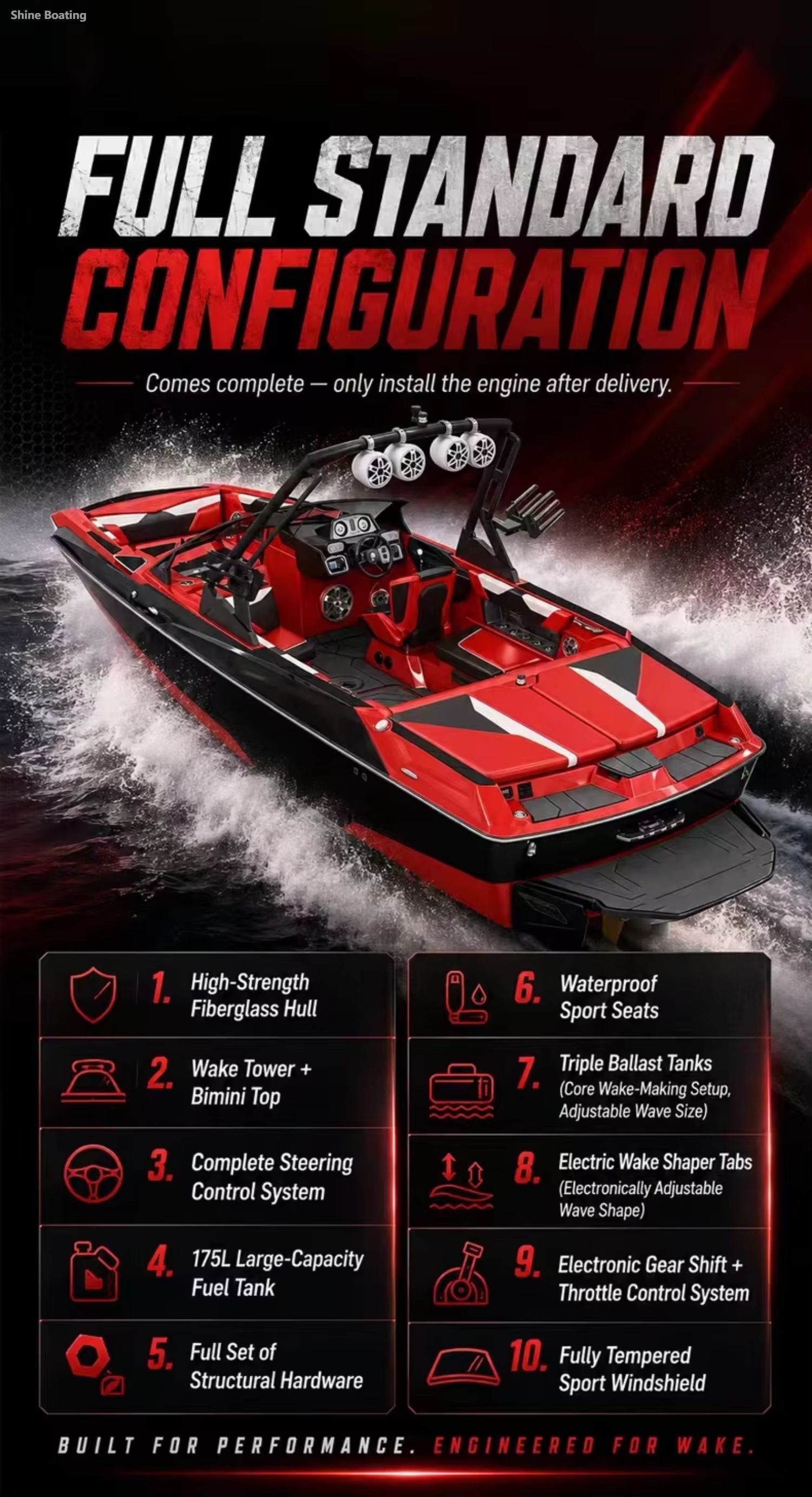 Wake Boat Full Standard Configuration List Red-black wakesurf boat speeding on water, 10 standard features listed: fiberglass hull, wake tower, steering system, triple ballast tanks, electric wake shaper, waterproof sport seats, tempered windshield, large fuel tank, delivered without engine for customer installation
