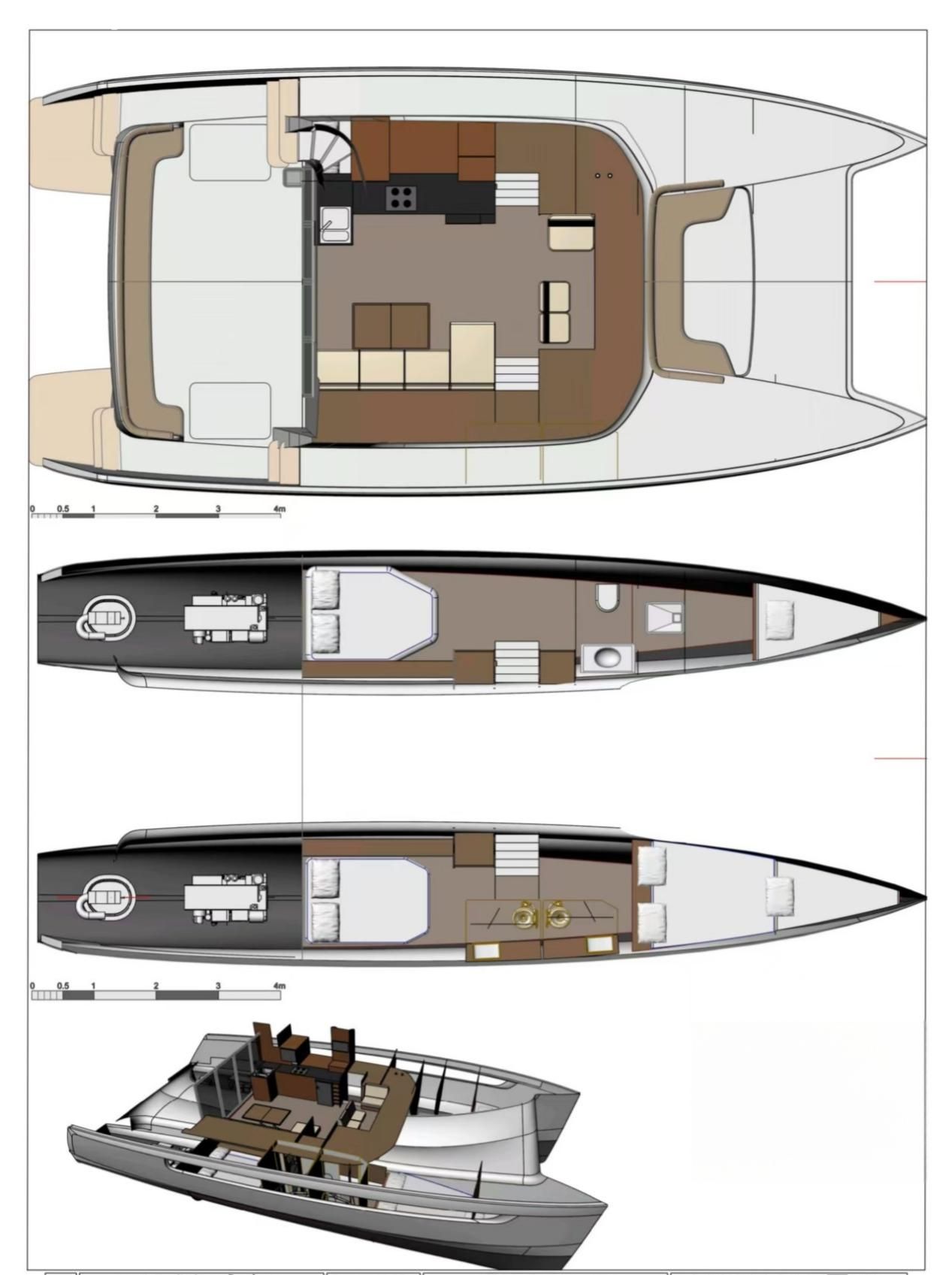 47ft Catamaran Cabin Layout & 3D Render Multi‑level cabin floor plans and 3D perspective render for 47ft sailing catamaran