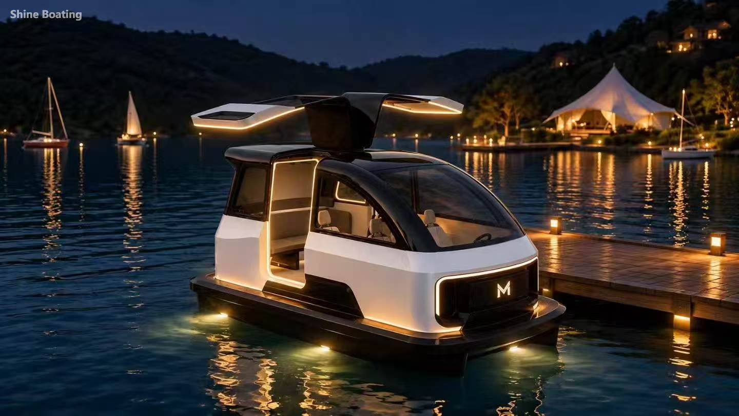 SHINE SW05 Modern Minimal Electric Cabin Boat SHINE SW05 Modern Minimal Electric Cabin Boat, LED Light Sightseeing Watercraft for Lake Park