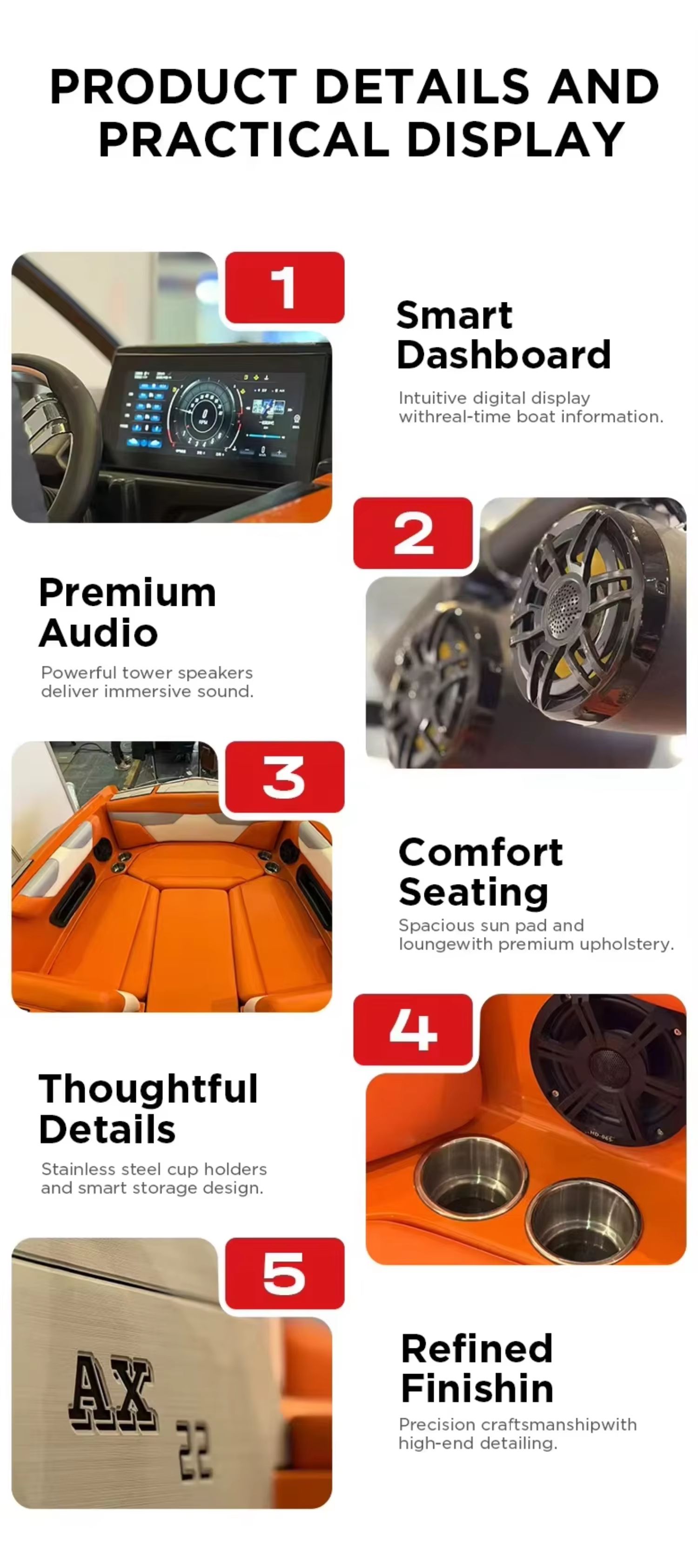 Wake Boat Interior Product Details Display Product close-up details of wakesurf boat: smart digital dashboard, premium tower audio speakers, comfortable waterproof lounge seating, stainless steel cup holders, premium hull finish and AX branding badge