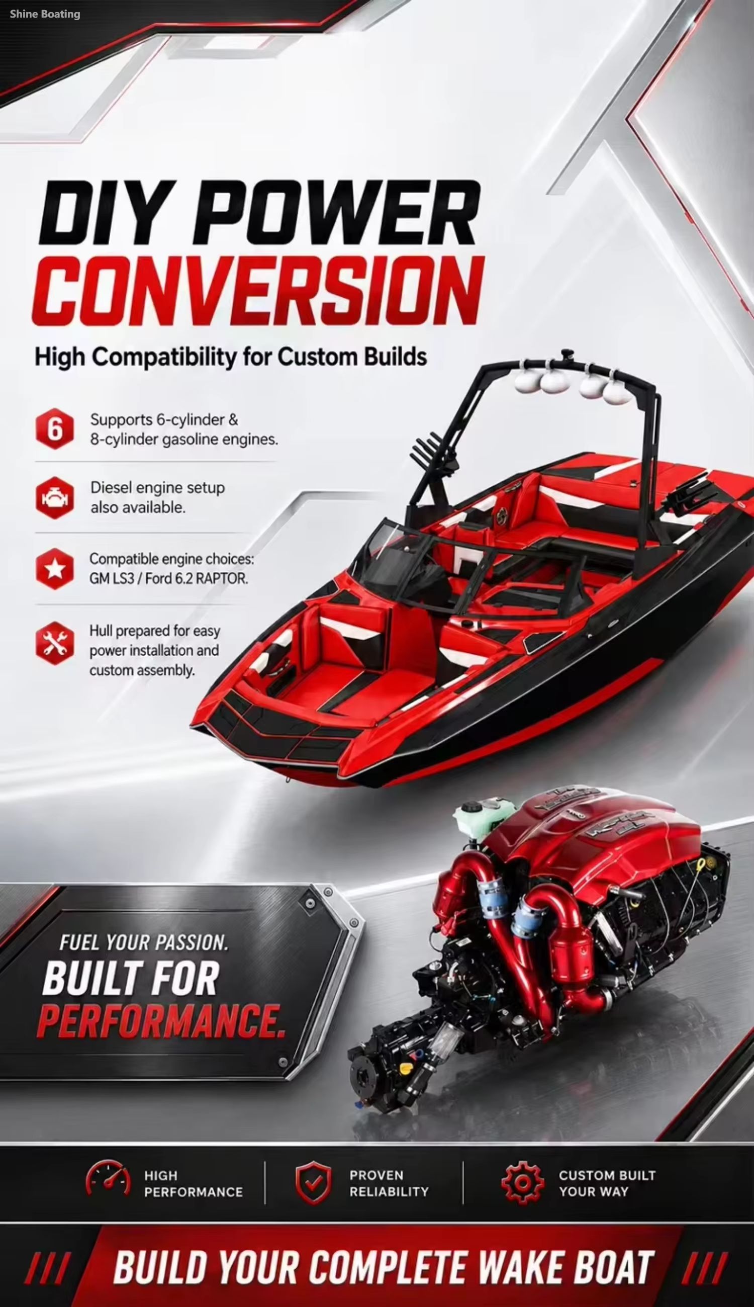 DIY Power Conversion Wake Boat, Custom Engine Installation Red and black wakesurf boat render with high-performance marine engine, text introducing DIY power conversion, compatible with 6/8 cylinder gasoline & diesel engines, fiberglass wakeboard boat hull ready for custom power assembly