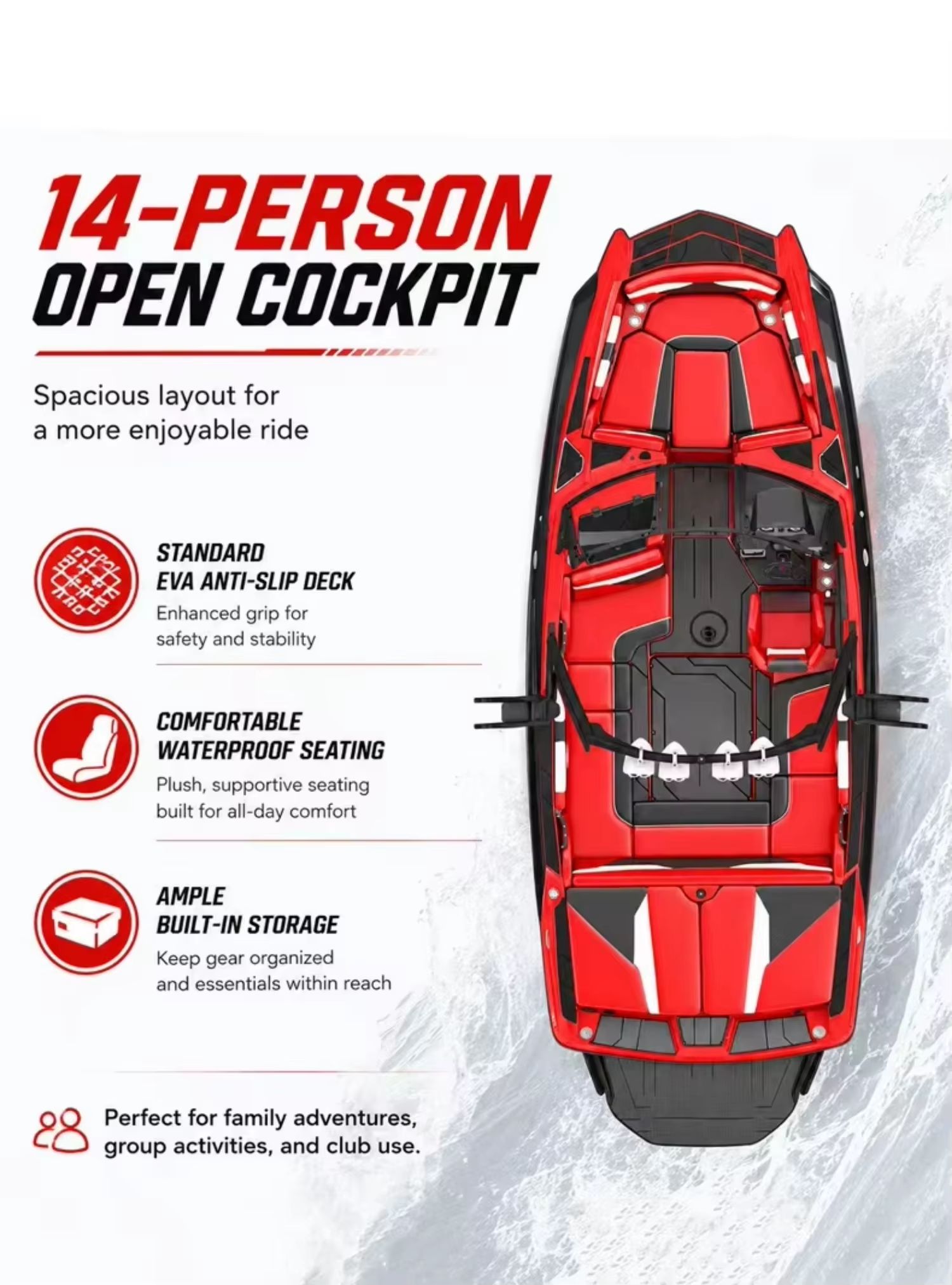 14-Person Open Cockpit Layout for Wakesurf Boat Top-down overhead view of red wake boat open cockpit, spacious seating for 14 passengers, EVA anti-slip deck, waterproof seats and built-in storage, suitable for family & group water sports
