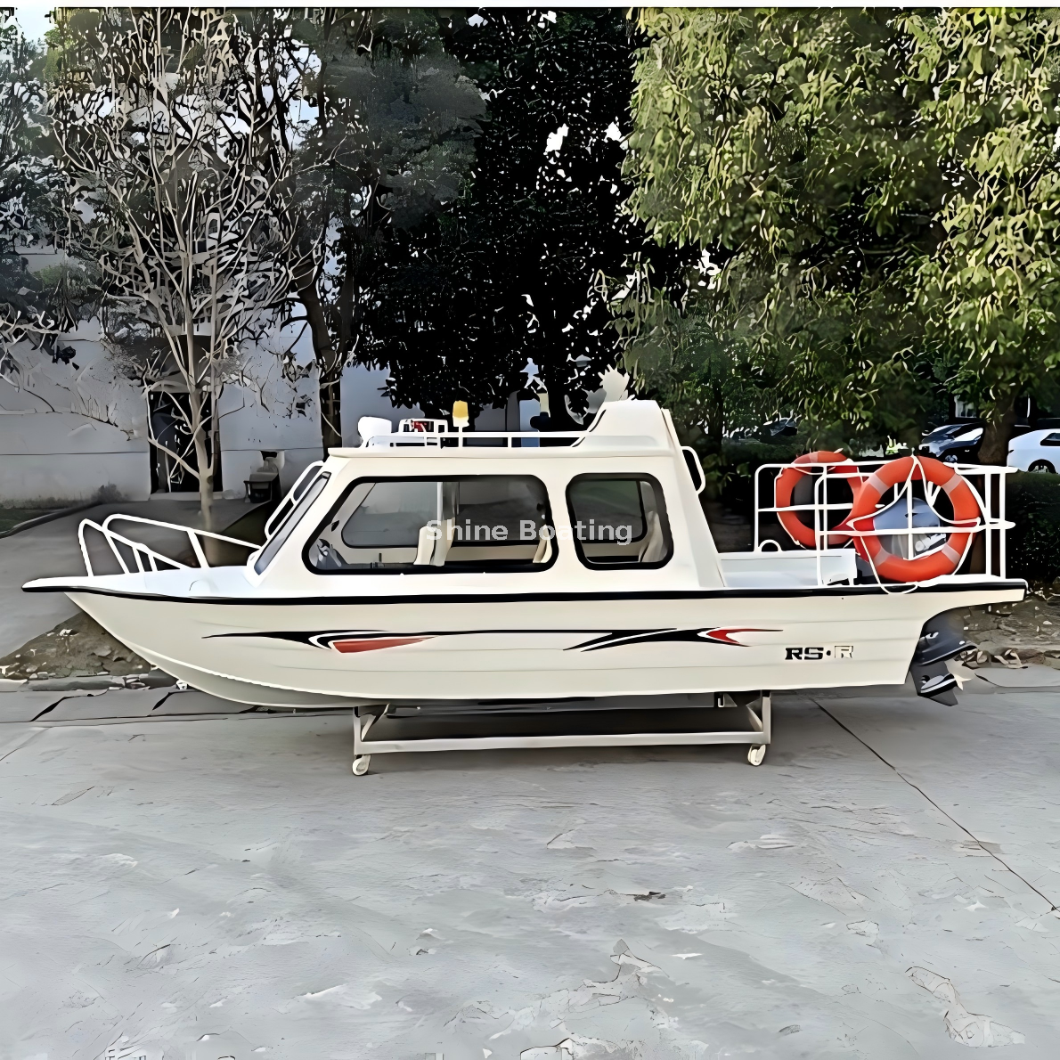 SHINE 600 Aluminum Hardtop Cabin Boat – Side View SHINE 600 aluminum hardtop cabin boat with enclosed cabin, outboard engine, stainless steel railings and life rings