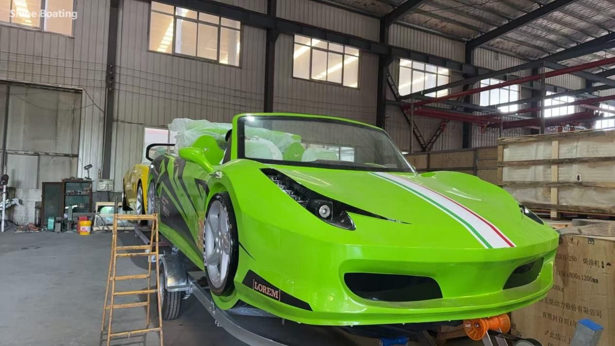 Green Ferrari F521 Style Jet Car with Fiberglass Hull in Factory